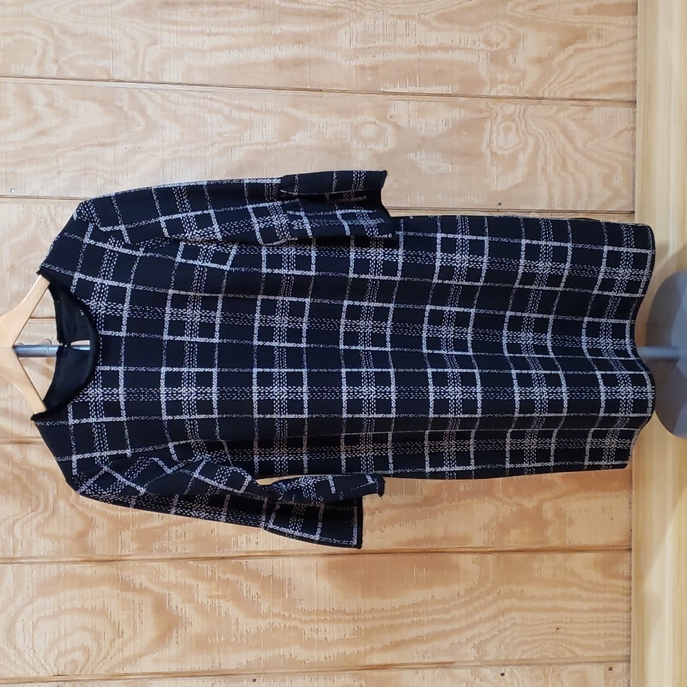 Wallis Black Silver Gray Windowpane Plaid Trumpet Sleeve Shift Dress Siz…